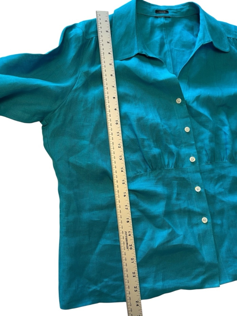 Irish Linen Turquoise Collared Blouse Button Front Cinched Waist 2X - Picture 7 of 11